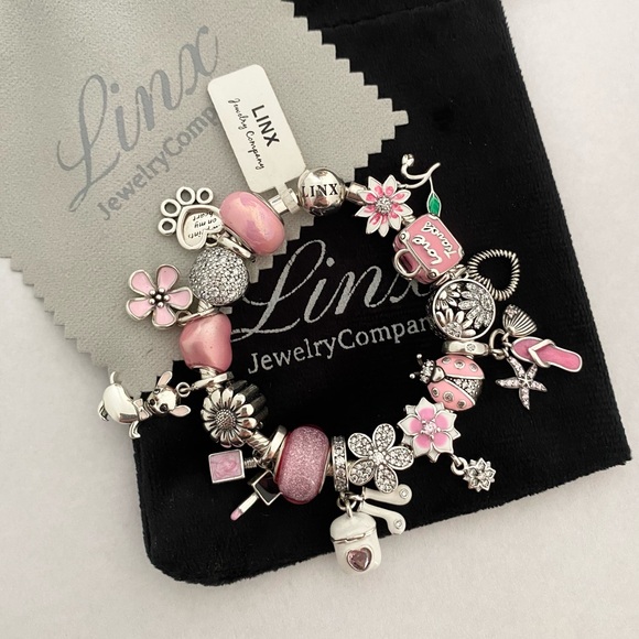 Linx Snake Chain Bracelet with Pink Themed Charms 925 sterling silver